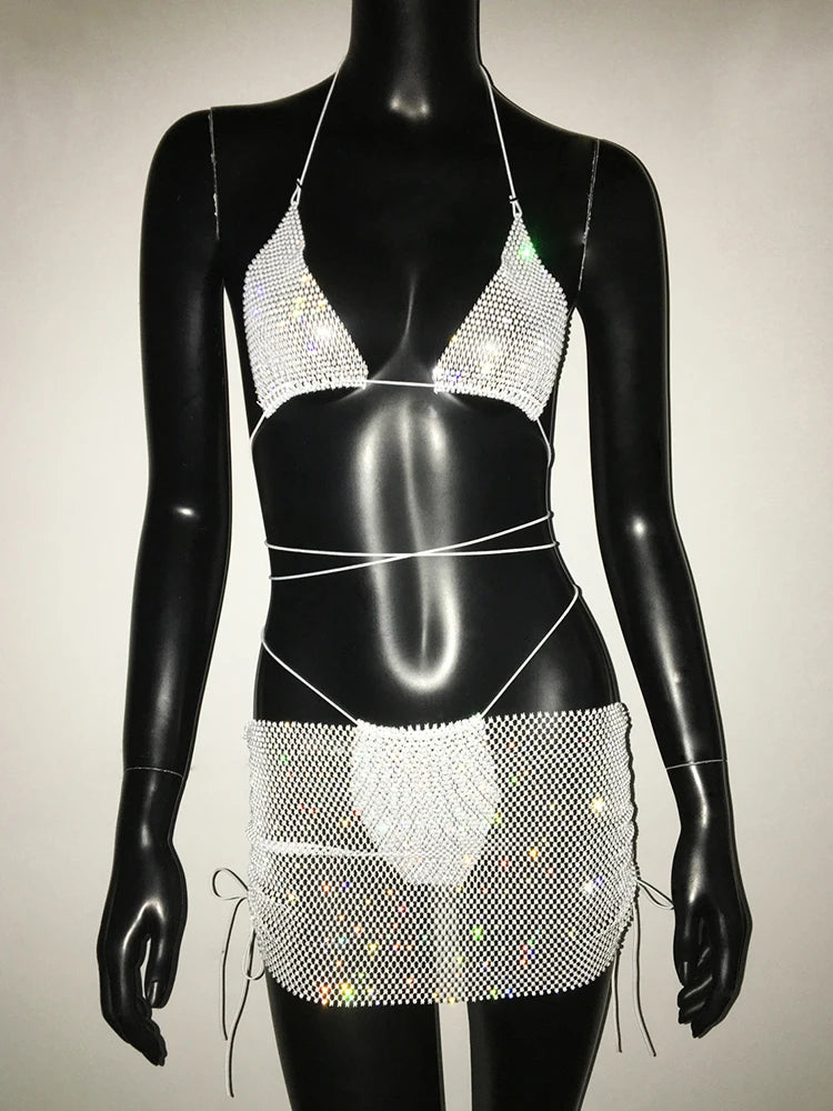 Rhinestone 3-Piece Set - Halter Bra, Mini Skirt & Bottoms