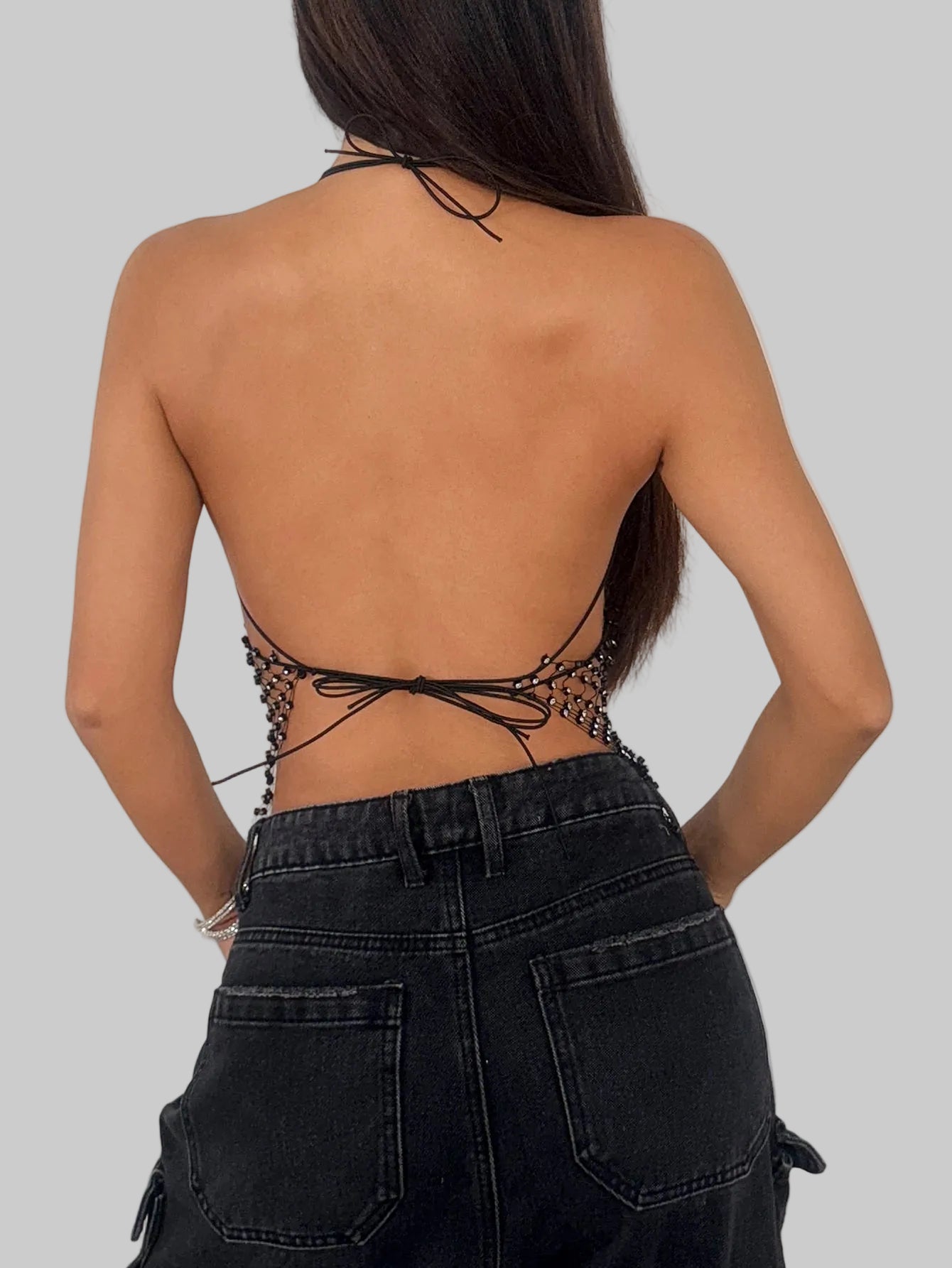 Butterfly Rhinestone Mesh Crop Top with Hollow Cutouts
