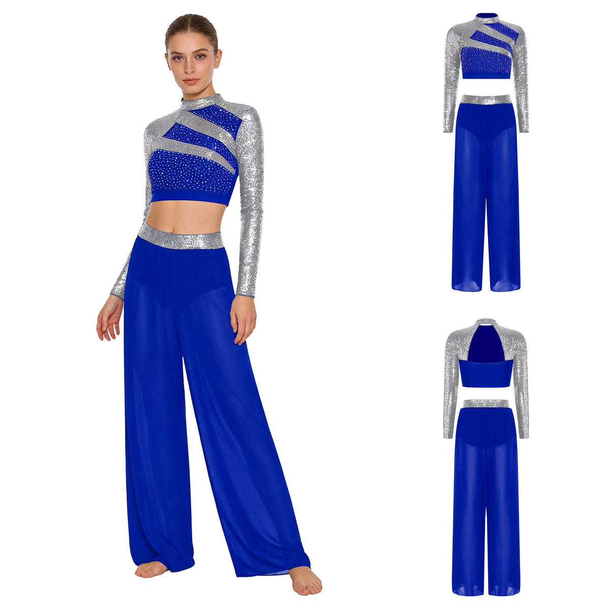 Women's Sequin Crop Top & Side-Split Chiffon Pants | Mock Neck & Cutout Back | 2-Piece Dance Set