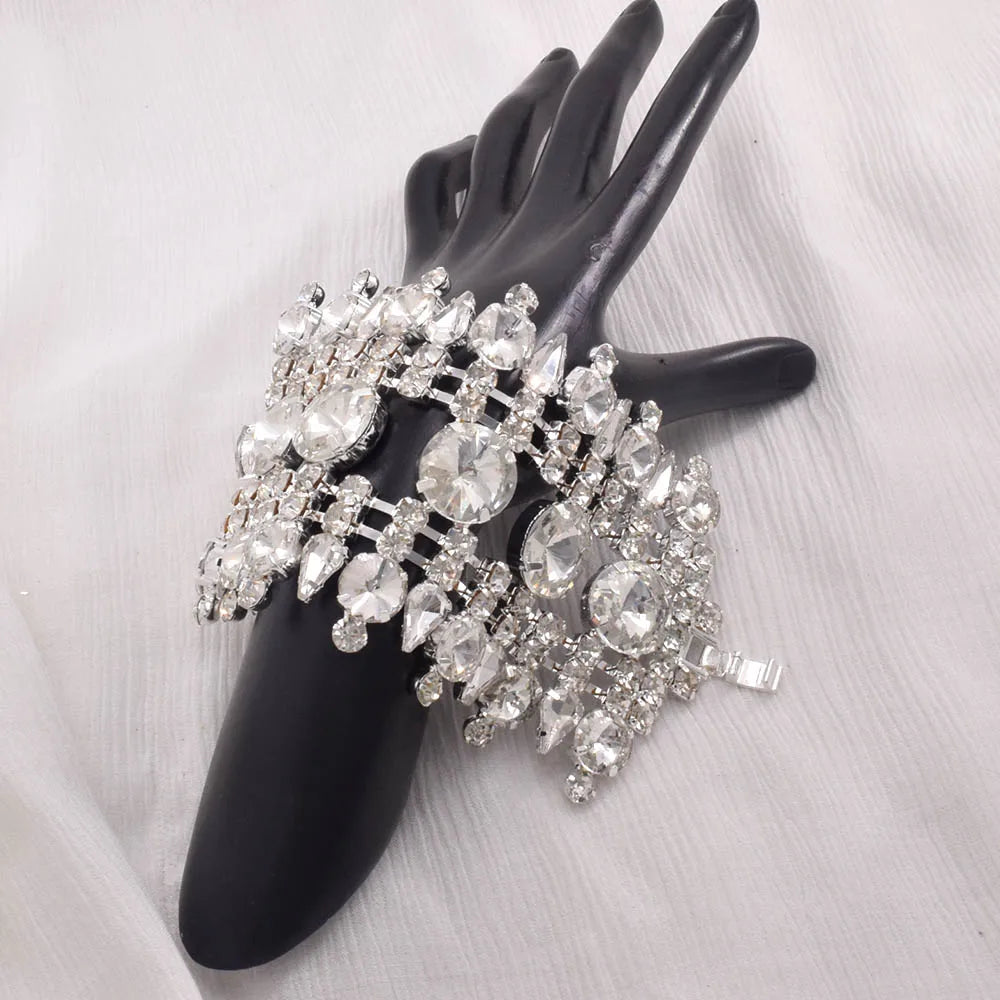 Rhinestone Bangle Bracelet | Crystal Wide Cuff | 3"