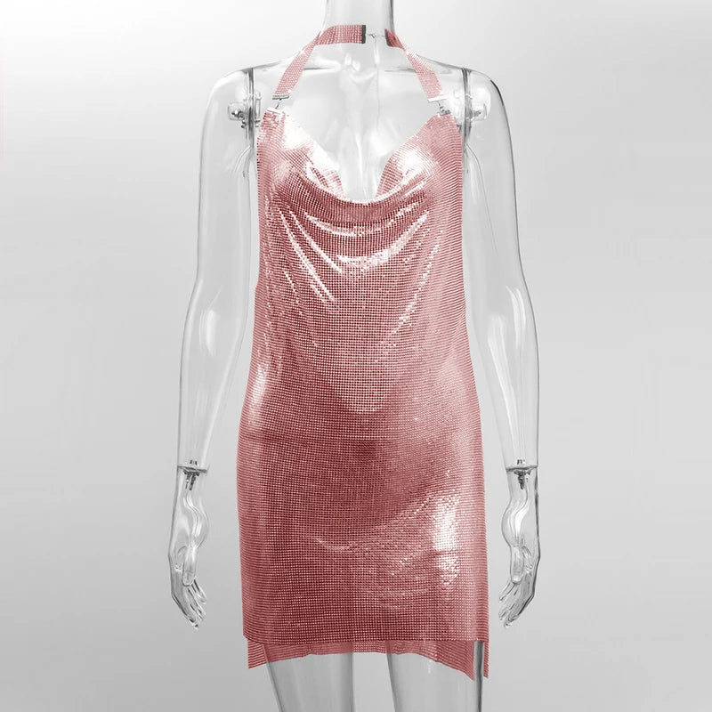 Sequin Halter Mini Dress - Backless with Side Split