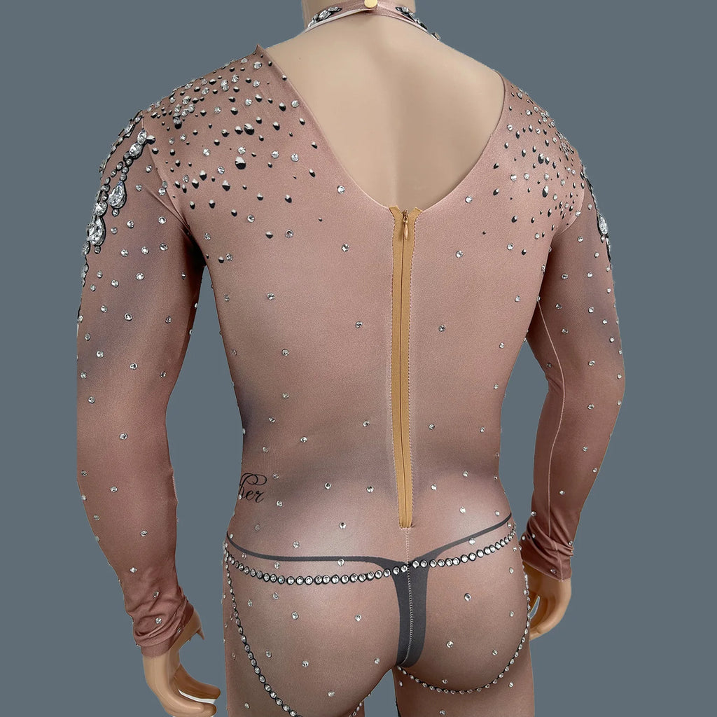 Men's Rhinestone Mesh Jumpsuit | Crystal Bodycon | Stage & Nightclub | One Size