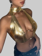 Metal Sequin Scarf Crop Top - Deep V-Neck Backless Camisole