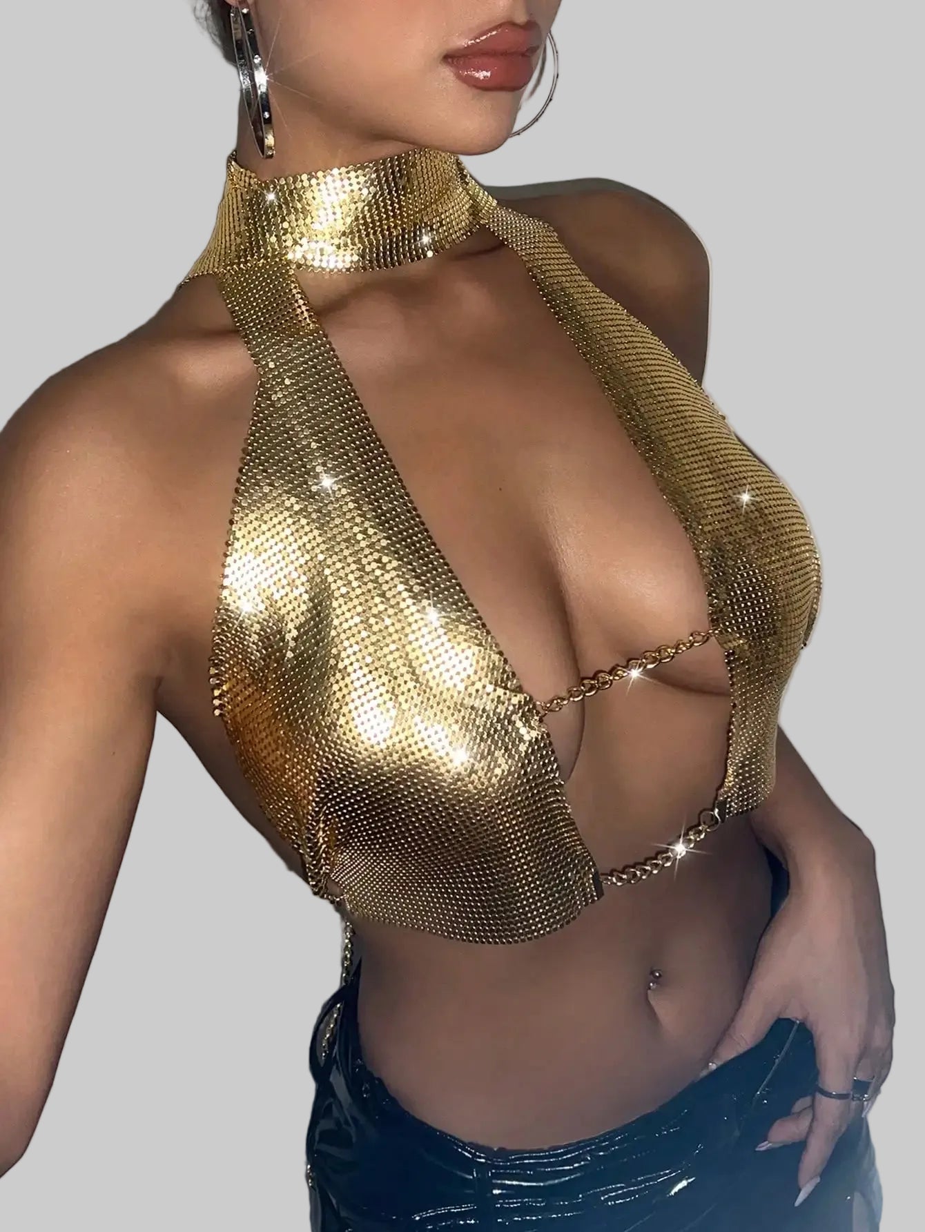 Metal Sequin Scarf Crop Top - Deep V-Neck Backless Camisole