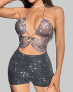 Rhinestone Fishnet Mesh Crop Top - Metal Neck See-Through Camisole