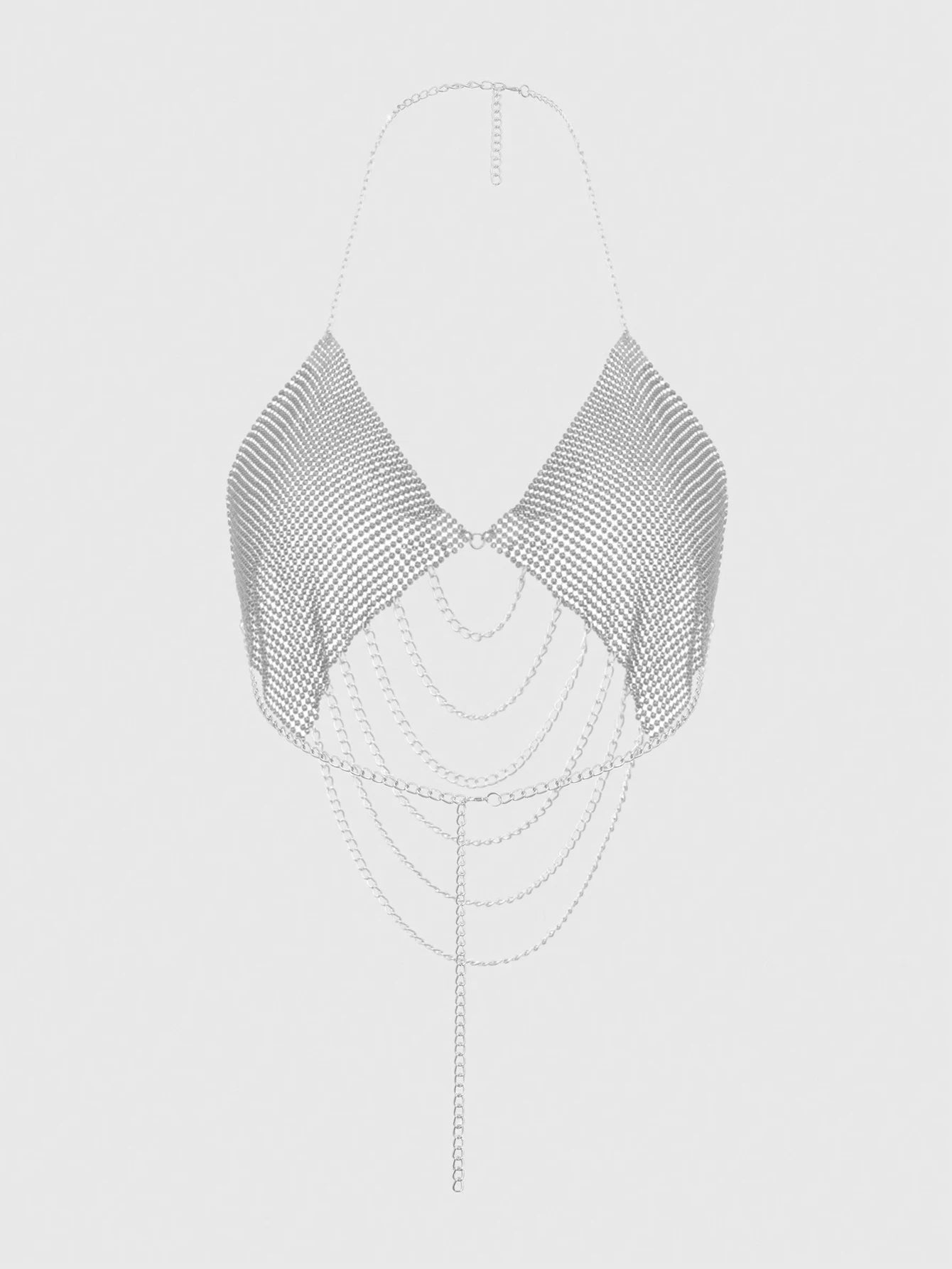 Rhinestone Chain Halter Crop Top - Backless V-Neck Performance Top