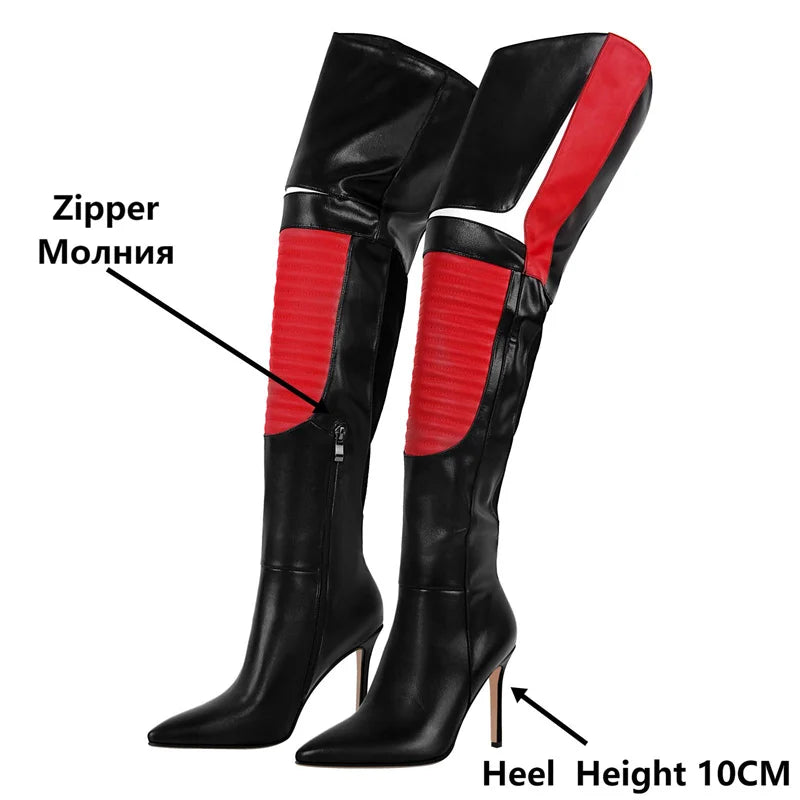 Red Patchwork Boots | Thigh-High | 10 cm Heel