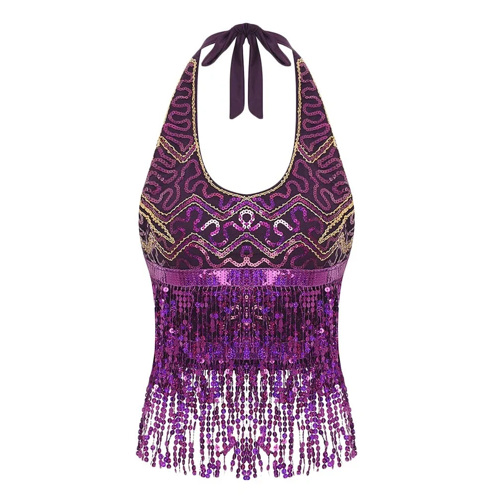Sequin Fringe Halter Belly Dance Top | Built-In Pads | Festival & Stage | One Size
