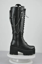 Black Platform Knee-High Lace-Up Boots with Chain — Extended Sizing US 5–15