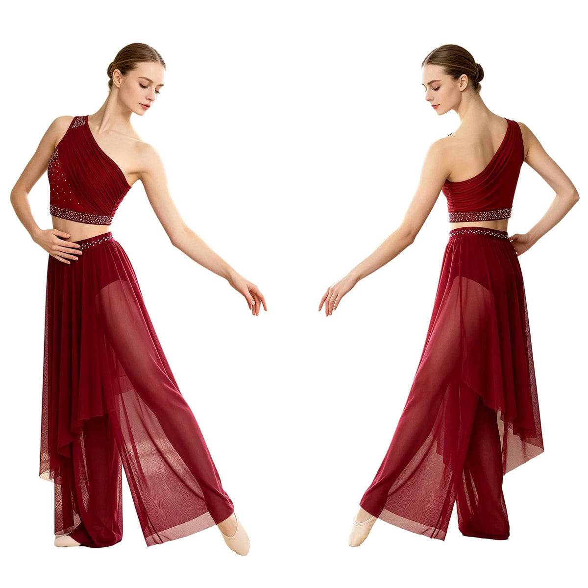 Rhinestone Crop Top & Sheer Pants Set | Lyrical Dance | Built-In Brief