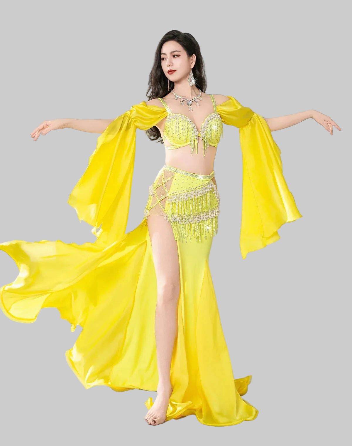 Egyptian Belly Dance Costume - Crystal Beaded Bra, Skirt & Sleeves Set