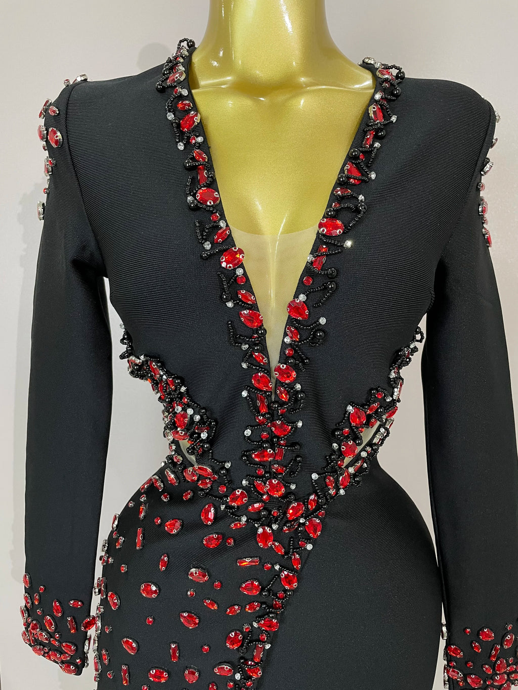 Rhinestone Trim Bandage Mini Dress | Long Sleeve | V-Neck