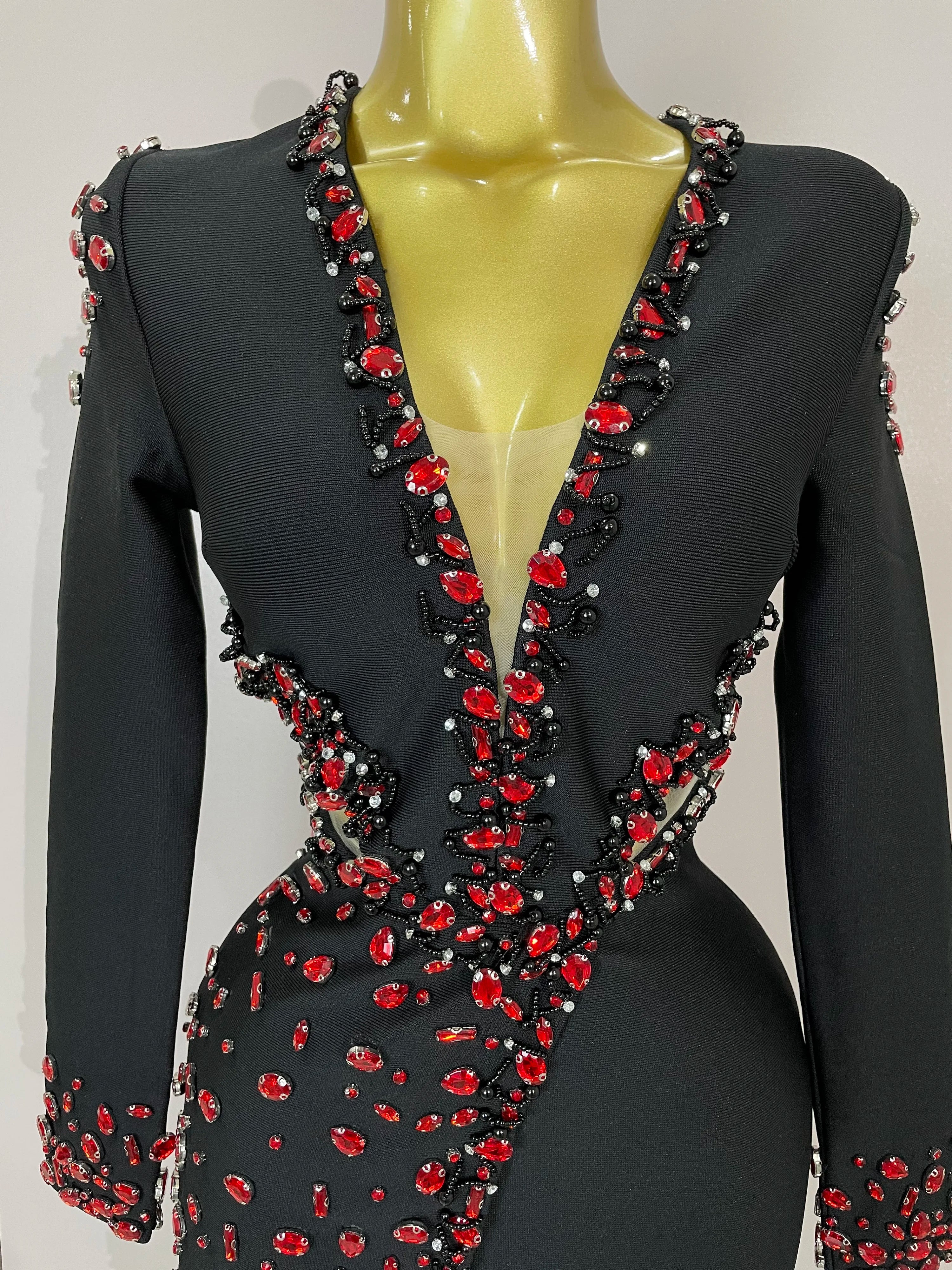 Rhinestone Trim Bandage Mini Dress | Long Sleeve | V-Neck