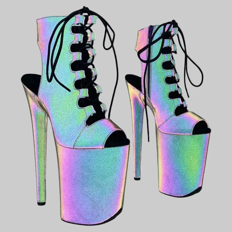9-Inch Holographic Ankle Boots - Light-Up Pole Dance Heels