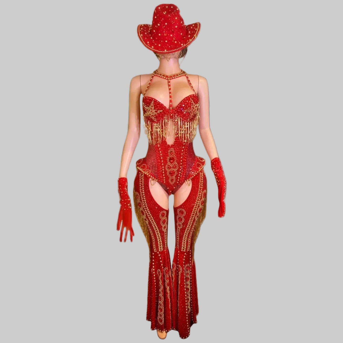 Rhinestone Bodysuit 4-Piece Set - Sparkly Showgirl Outfit with Flare Pants & Crystals