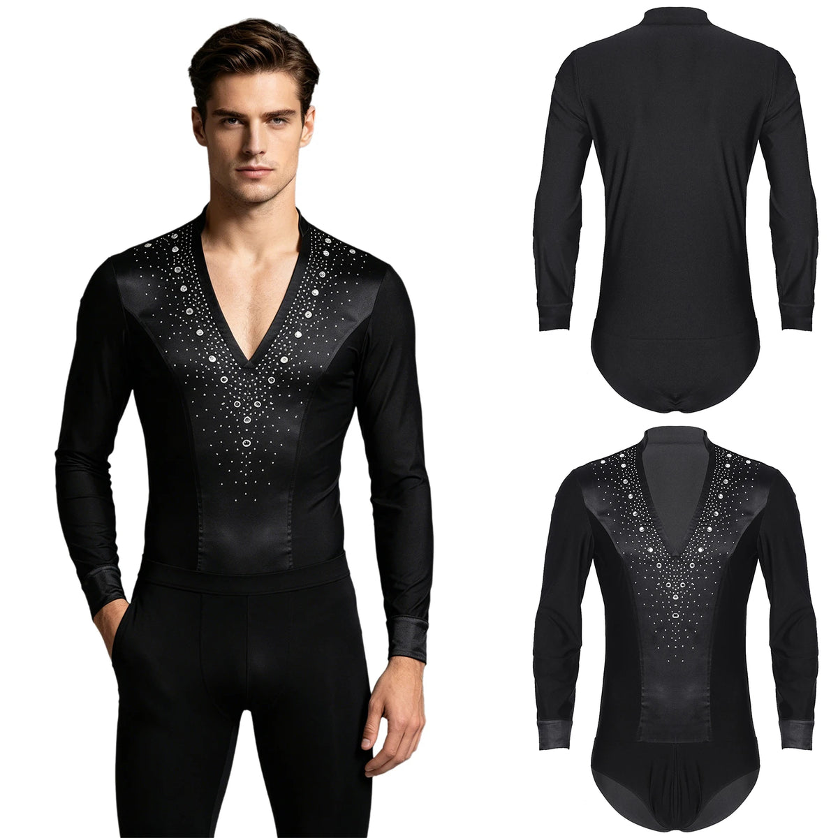 Men's Rhinestone Dance Leotard | V-Neck & Long Sleeve | Satin Patchwork