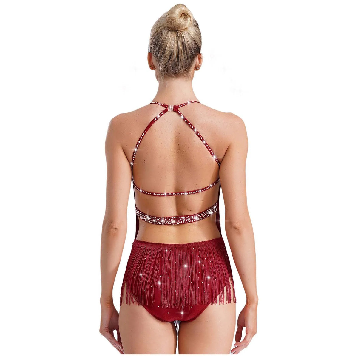 Rhinestone Tassel Latin Leotard | Halter Neck | Backless | Fringe Skirt