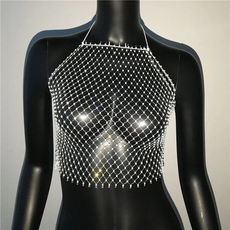 Rhinestone Fishnet Halter Crop Top - Backless Sheer