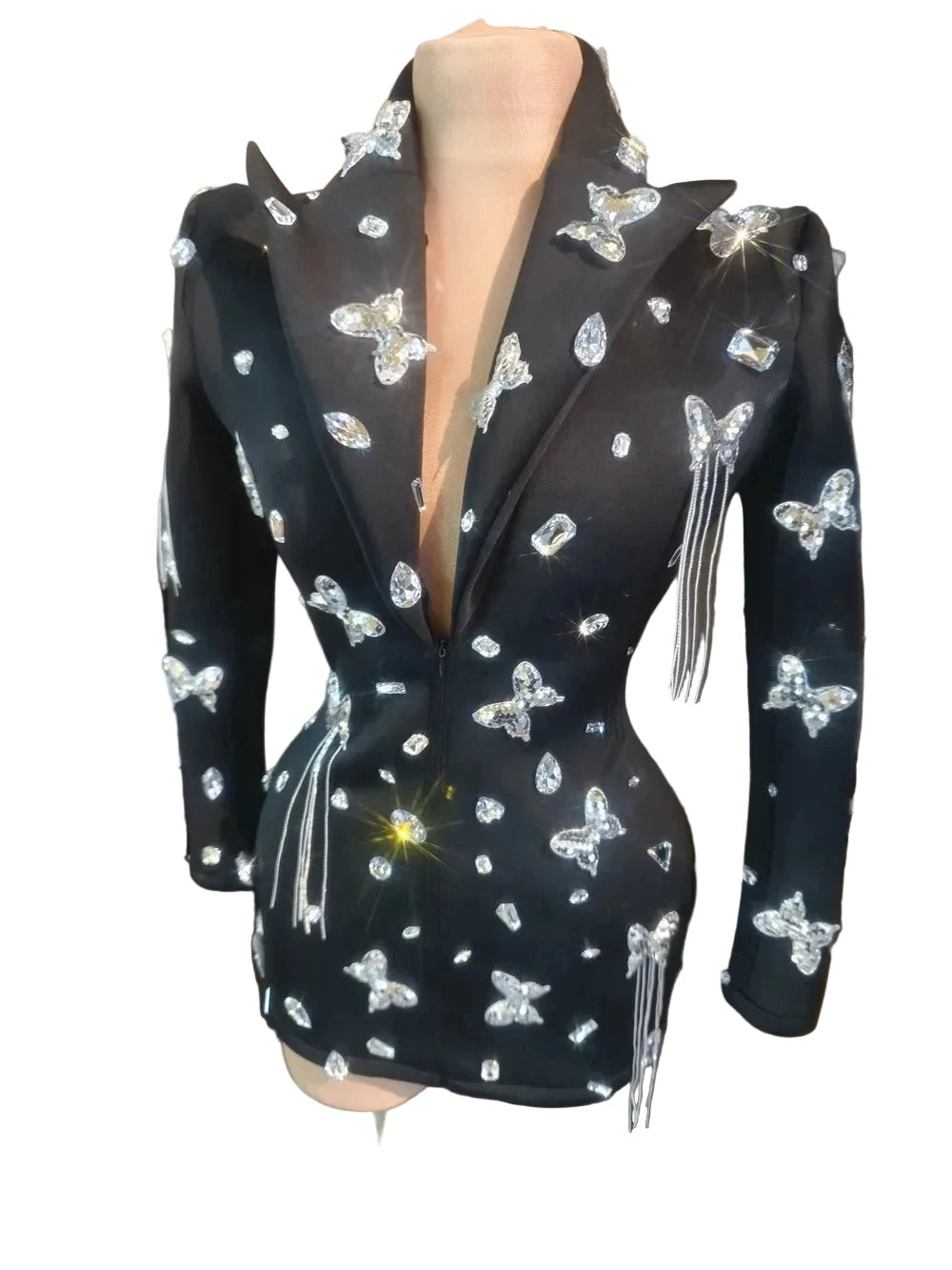 Rhinestone Fringe Blazer Mini Dress | Crystal Tassel | Showgirl | Stage Performance