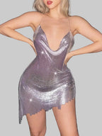 Metal Sequin Backless Halter Mini Dress - Asymmetrical Hem Party Dress
