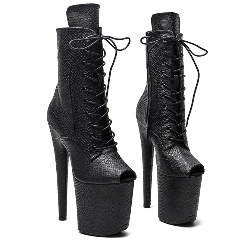 20CM Snakeskin Platform Pole Dance Ankle Boots - 8 Inch High Heel Open Toe Boots