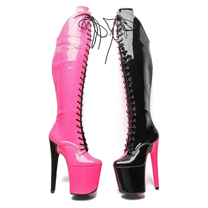 8-Inch Two-Tone Patent Platform Boots - Thigh-High Dance Boots