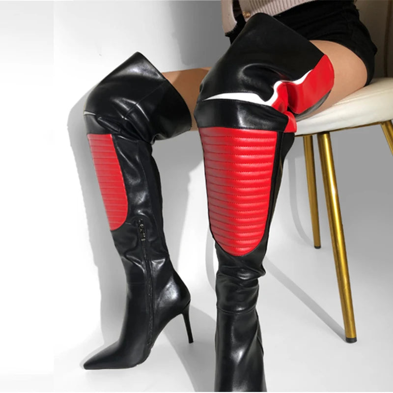Red Patchwork Boots | Thigh-High | 10 cm Heel