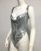Metal Sequin Backless Crop Top - Deep V-Neck Party Camisole