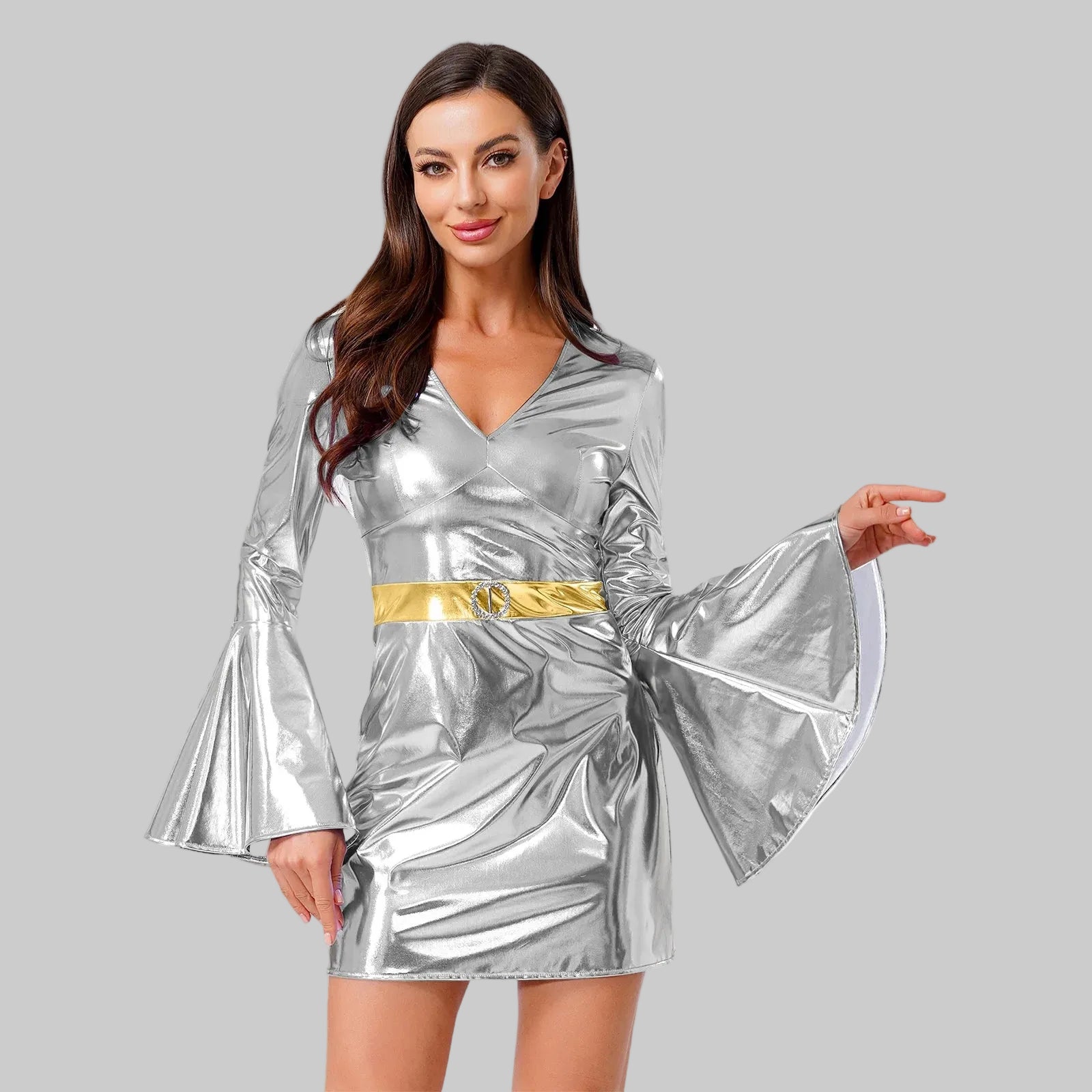 Women's Crystal 70s Disco Mini Dress - Metallic V-Neck Bodycon Costume