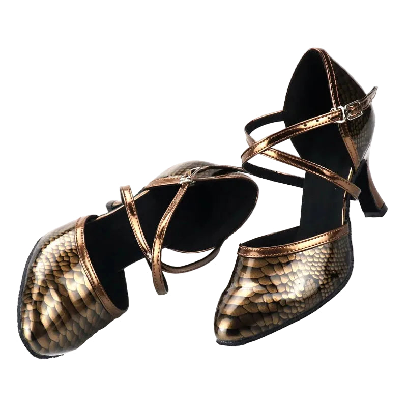 Rhinestone Snakeskin Latin Dance Court Shoe | Cuban Heel | 5–8.5cm