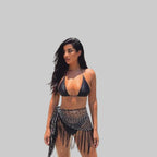 Fishnet Patchwork Mini Skirt with Tassel - Diamante Bandage