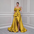 Off-Shoulder Satin Gown | V-Neck Side Slit | Red, Fuchsia, Black & More
