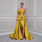 Off-Shoulder Satin Gown | V-Neck Side Slit | Red, Fuchsia, Black & More