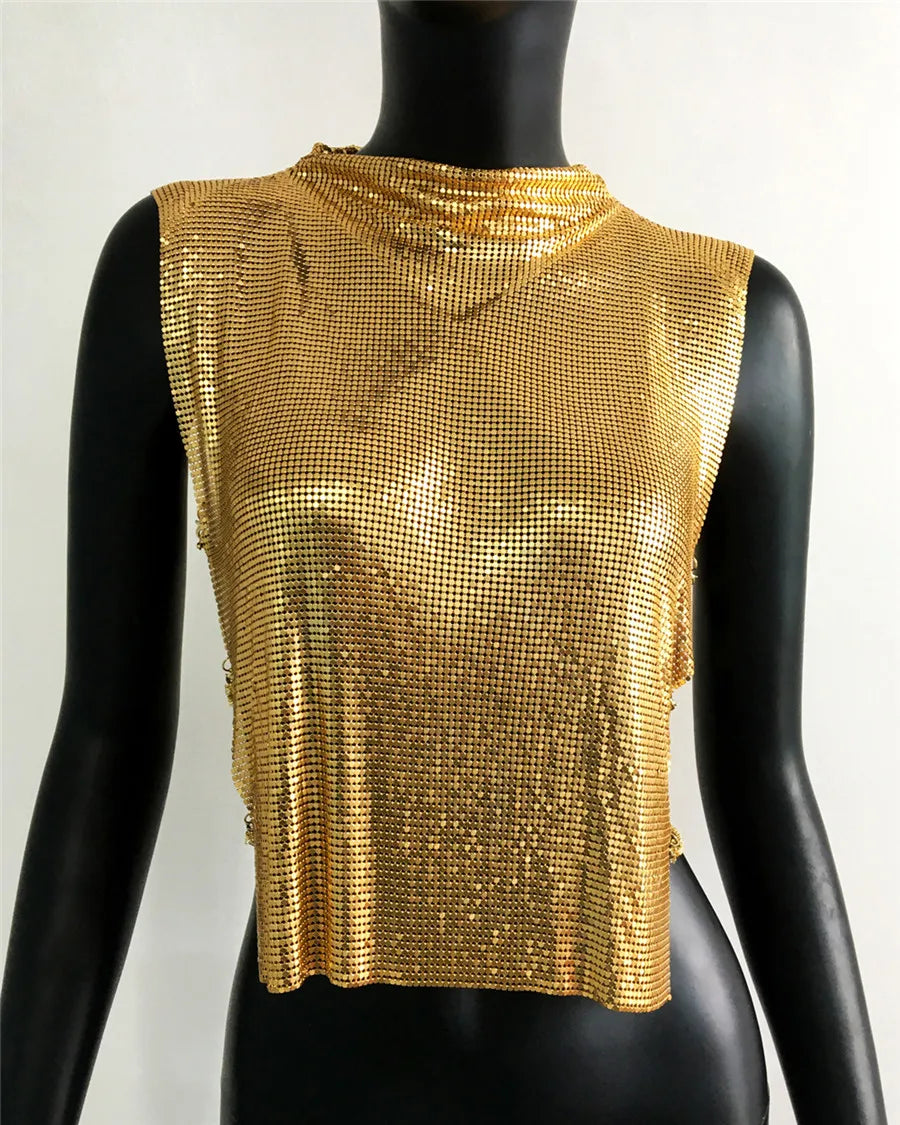 Metal Sequin Backless Crop Top with Rhinestone Chain