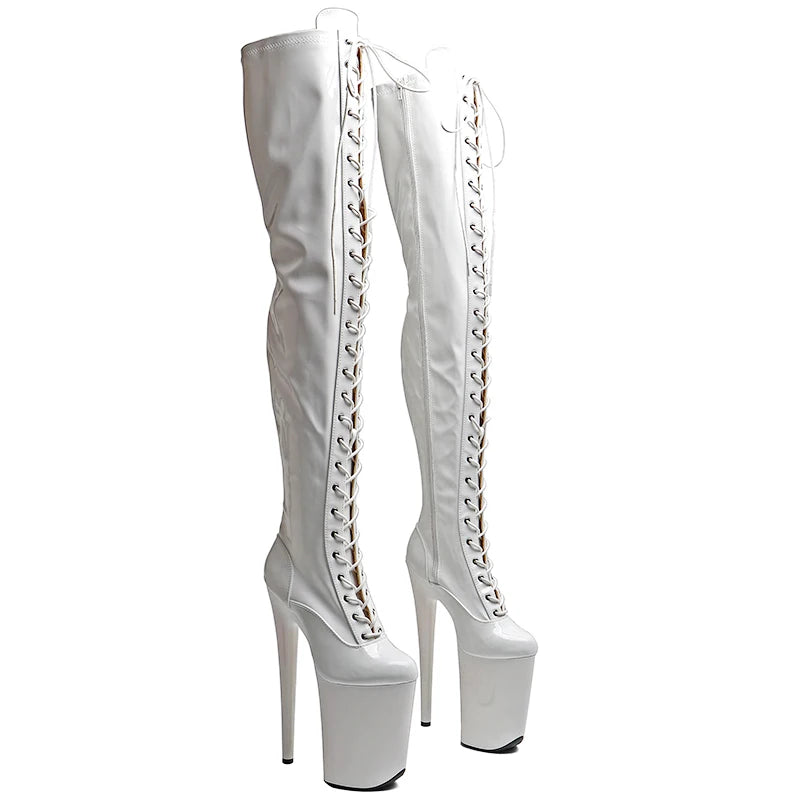 9-Inch Patent Thigh-High Boots - Open Toe Platform Dance Boots