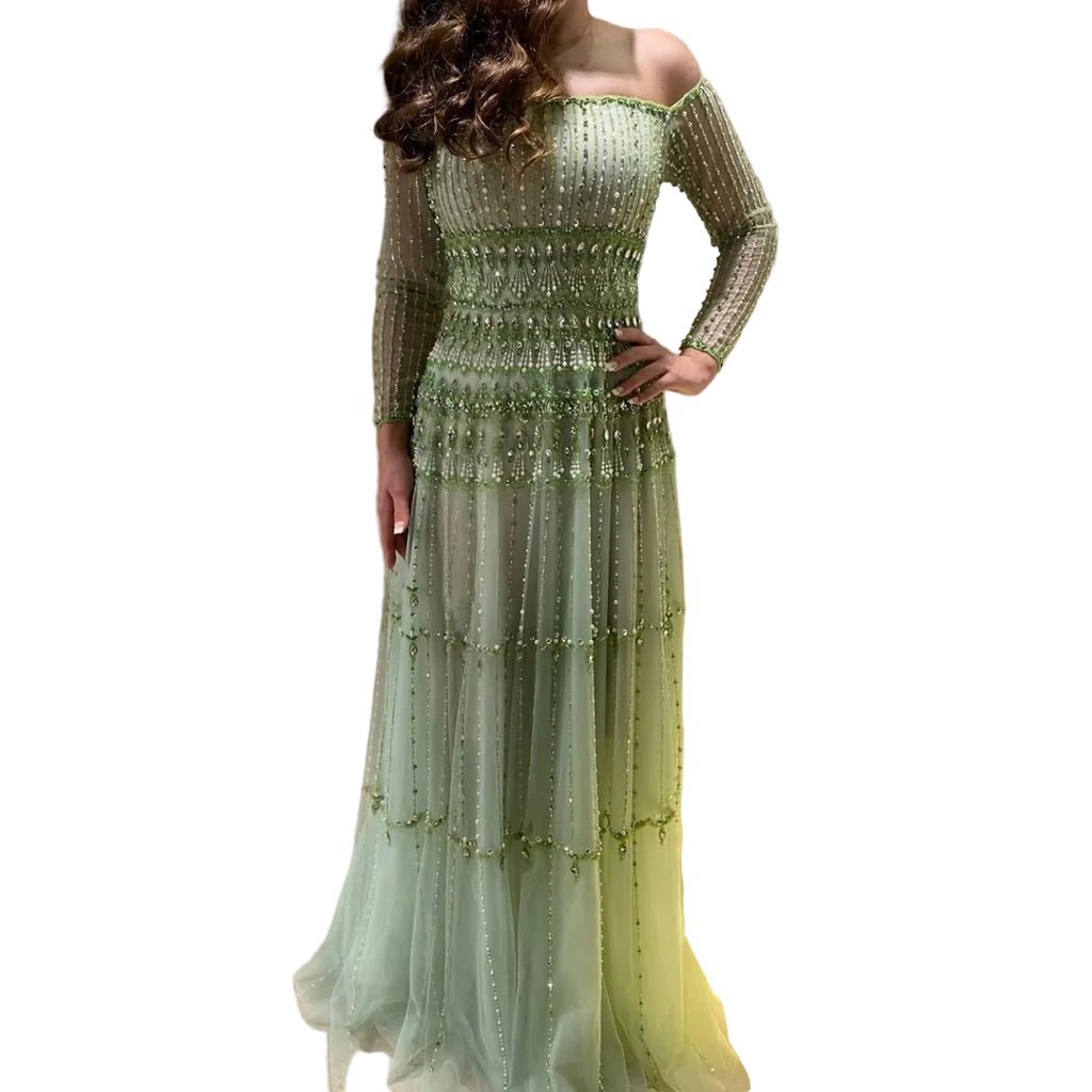 Crystal Pearl Gown | Off-Shoulder Long Sleeve | Green & Lilac