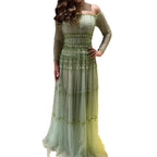 Crystal Pearl Gown | Off-Shoulder Long Sleeve | Green & Lilac