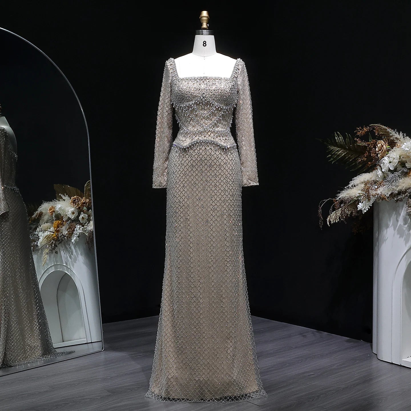 Crystal Beaded Mermaid Gown | Long Sleeve | Square Neck