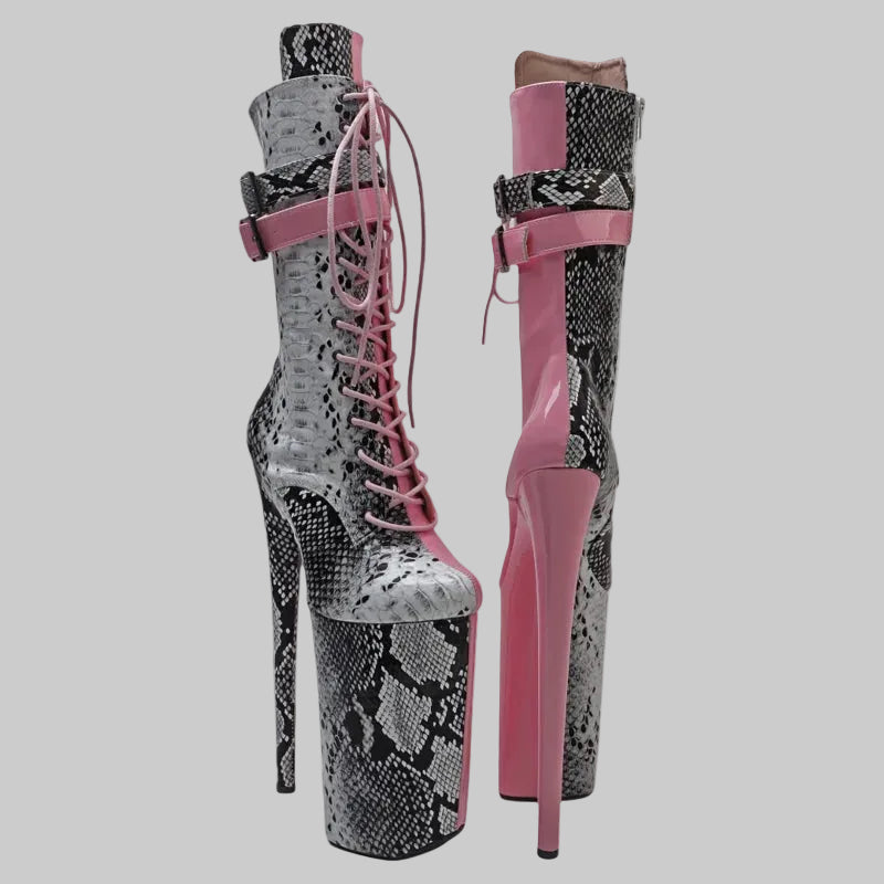 26CM Snakeskin Platform Pole Dance Boots - Exotic High Heel Performance Shoes