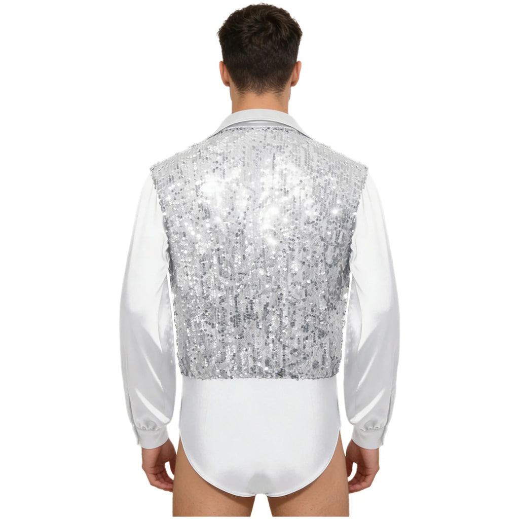 Men's Sequin V-Neck Dance Bodysuit | Satin Long Sleeves & Snap Crotch | Latin & Ballet