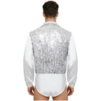 Men's Sequin V-Neck Dance Bodysuit | Satin Long Sleeves & Snap Crotch | Latin & Ballet