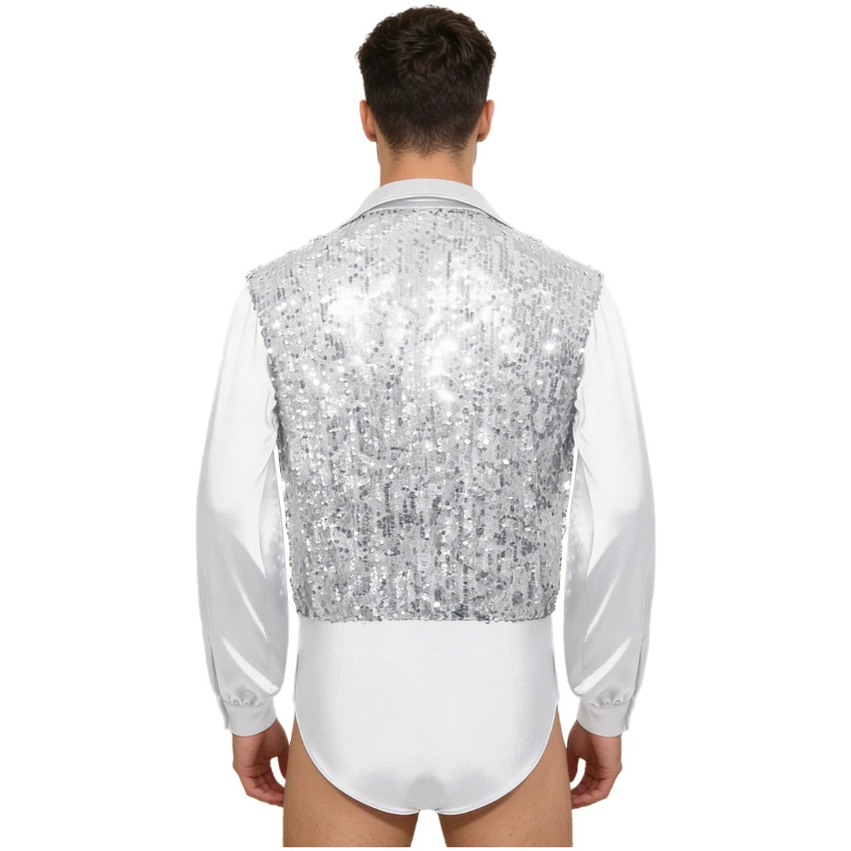 Men's Sequin V-Neck Dance Bodysuit | Satin Long Sleeves & Snap Crotch | Latin & Ballet