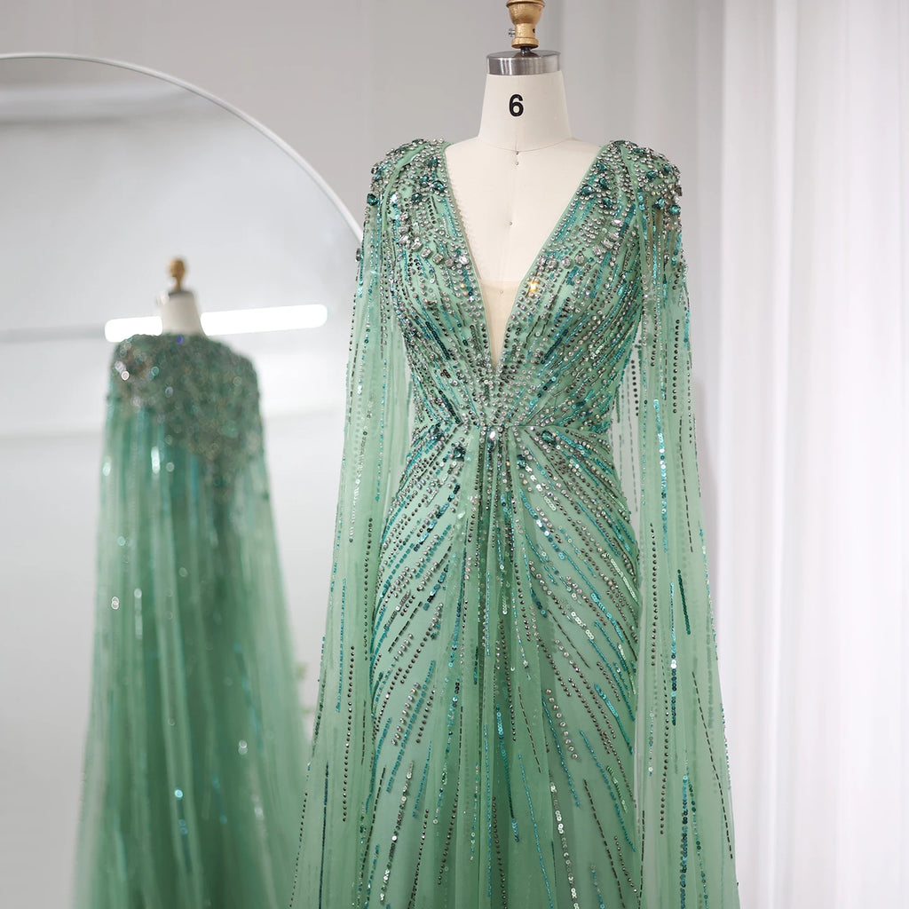 Crystal Cape Pageant Gown | Beaded | Floor-Length