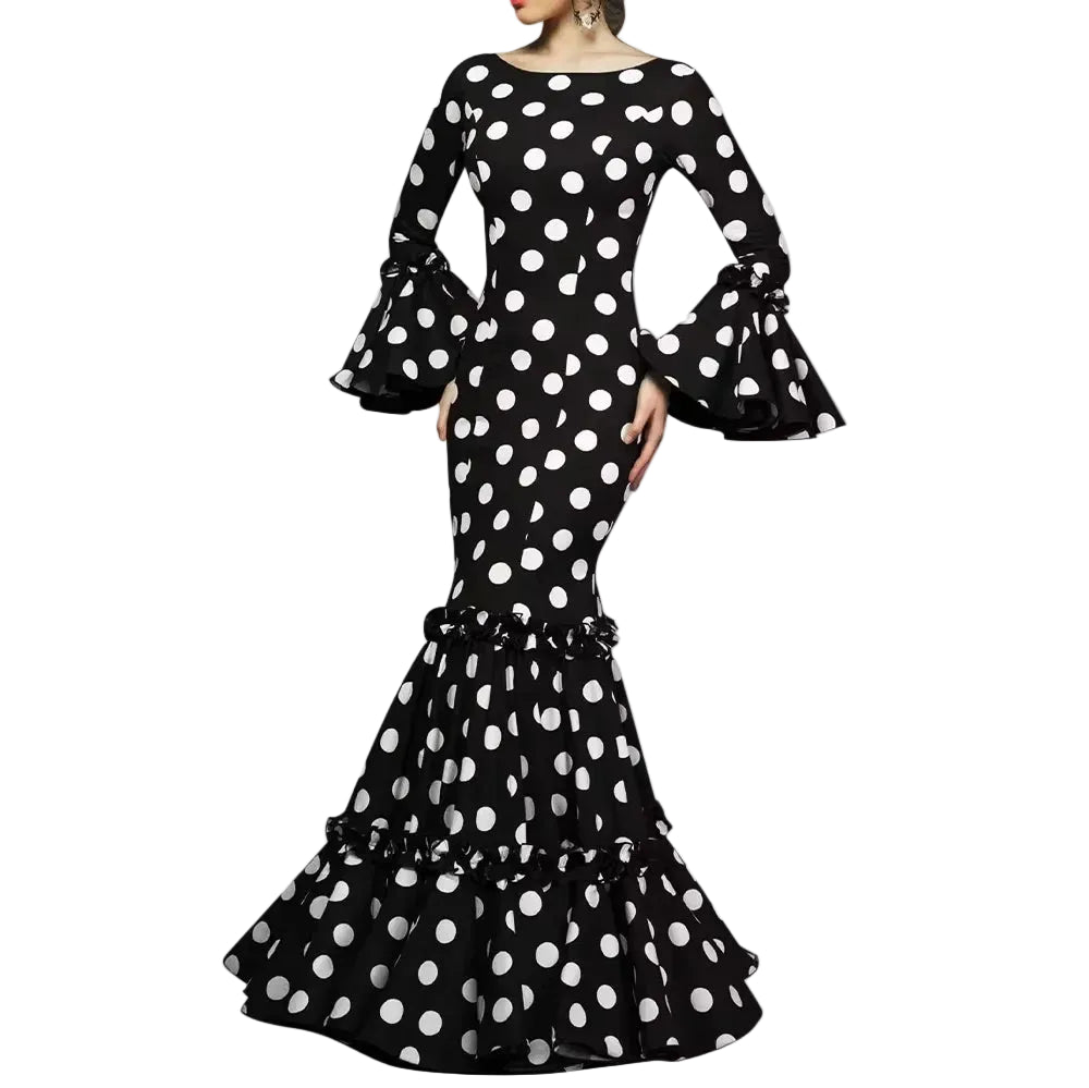 Elegant Party Long Dress Women Polka Dot Printed Ruffle Hem Sundress 2025 Bohemian Casual O-neck Flare Sleeve Slim Maxi Robe