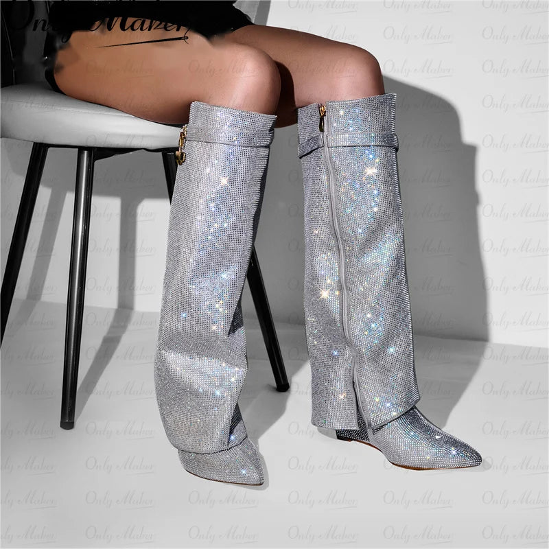 Rhinestone Knee-High Boots | Pointed Toe | 9 Colors