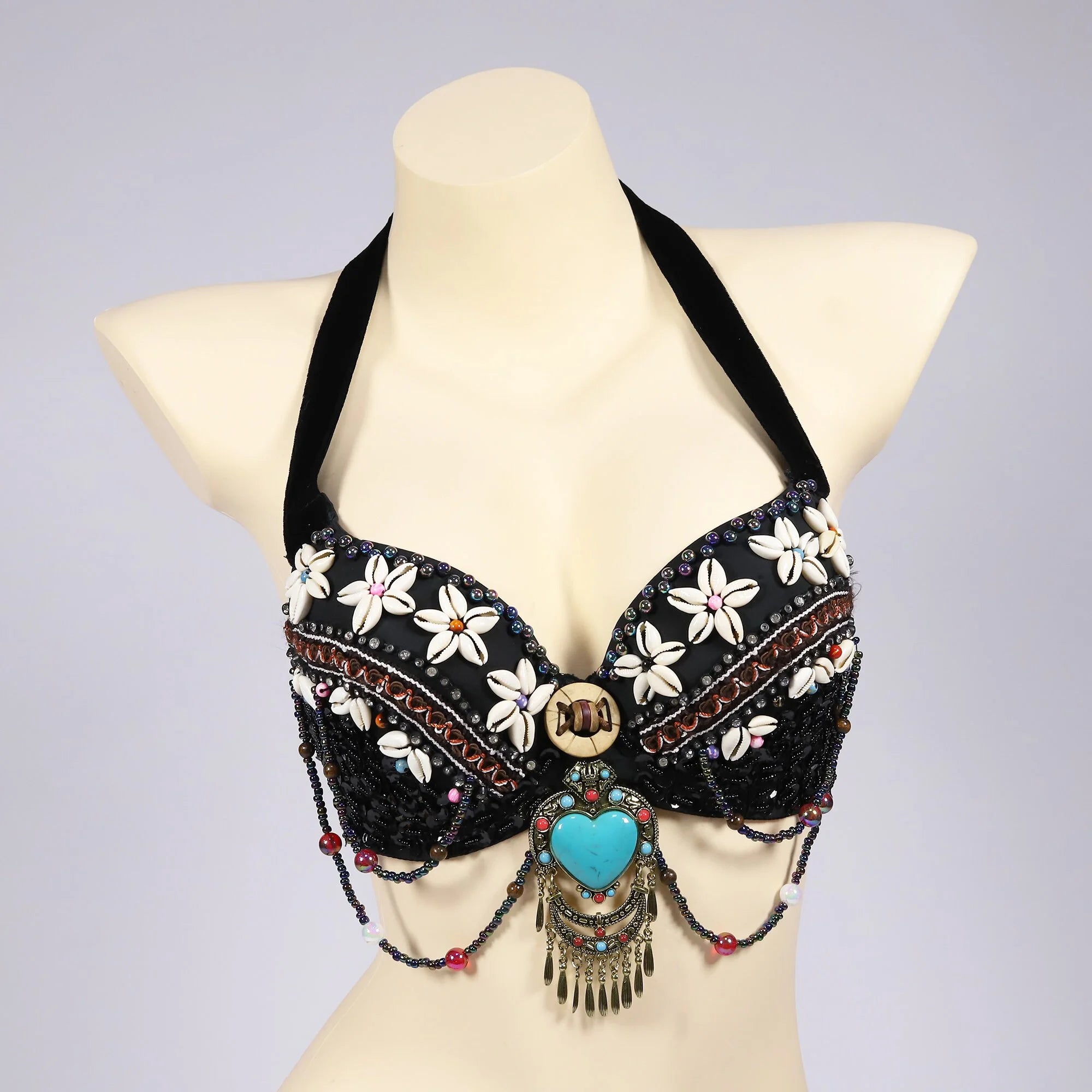 Tribal Belly Dance Bra - Vintage Gypsy Style with Beads, Mirrors & Coin Drapes