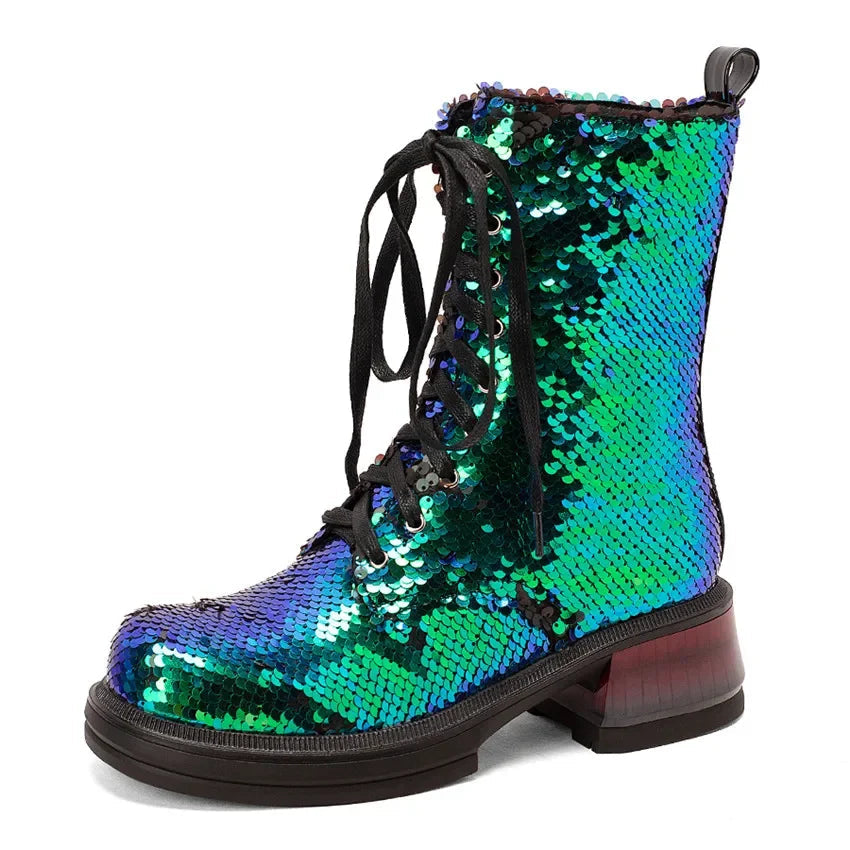 Sequin Ankle Boots | Lace-Up | 5.5cm Heel