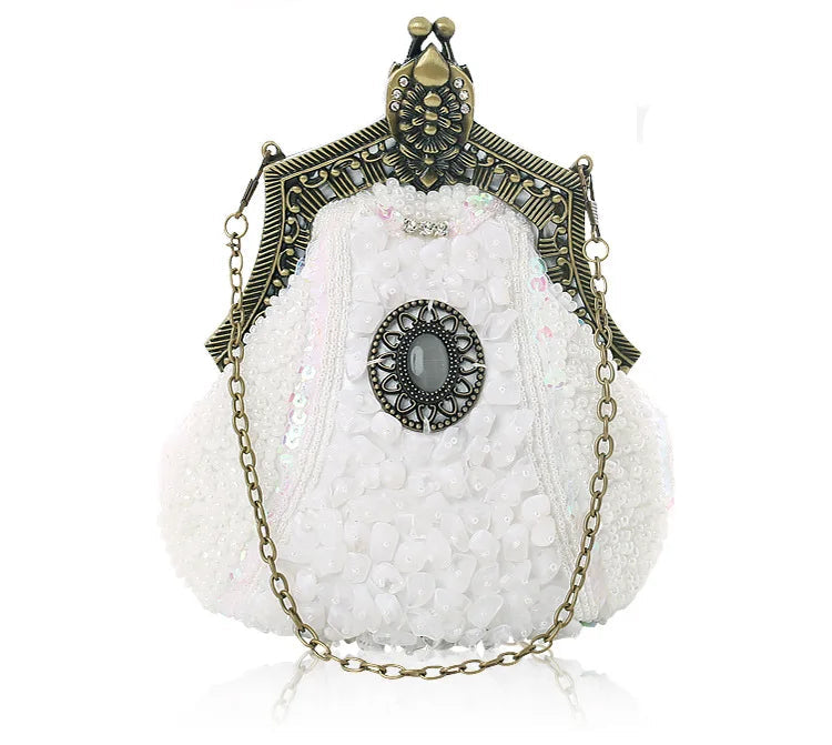 Retro Pearl & Sequin Beaded Clutch | Antique Gold Frame Bag