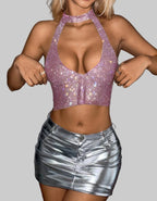 Halter Neck Diamond Crop Top - Backless Festival Tank