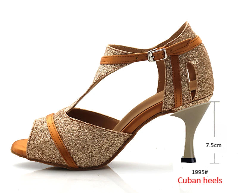 Glitter T-Strap Latin Dance Sandals | Thin Heel | 6–10cm | Nude